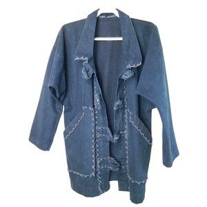 Blue Jean Jacket Asian Inspired Knot Buttons Front Deep Pockets XL One Of A Kind